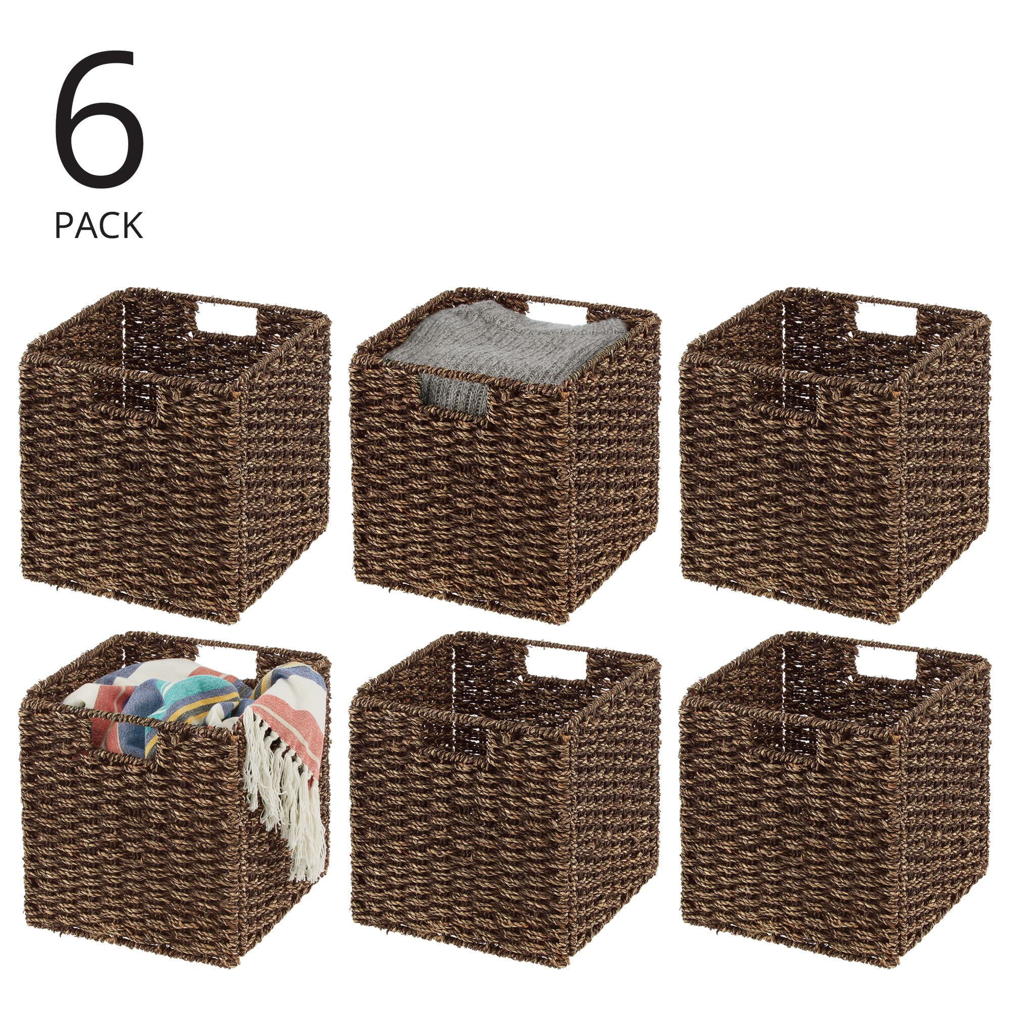 mDesign Seagrass Woven Cube Bin Basket Organizer, Handles, 6 Pack, Brown Wash