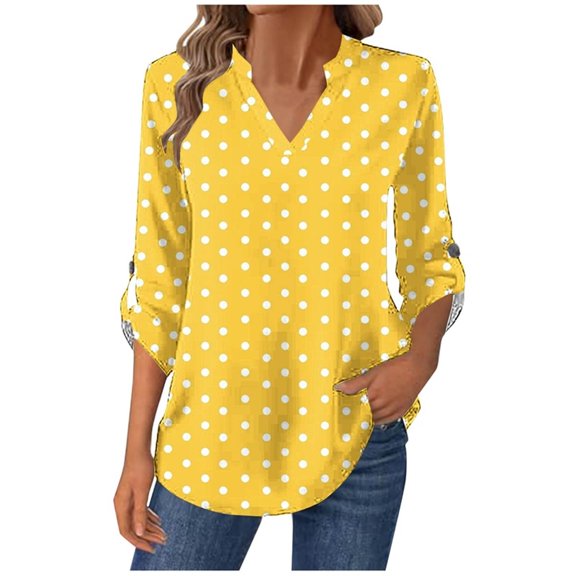 Women's Long Sleeve Tops 2026 Trendy Polka Dot V Neck Pullover Shirts Spring Causal Loose Fit Tunic Dressy Blouse