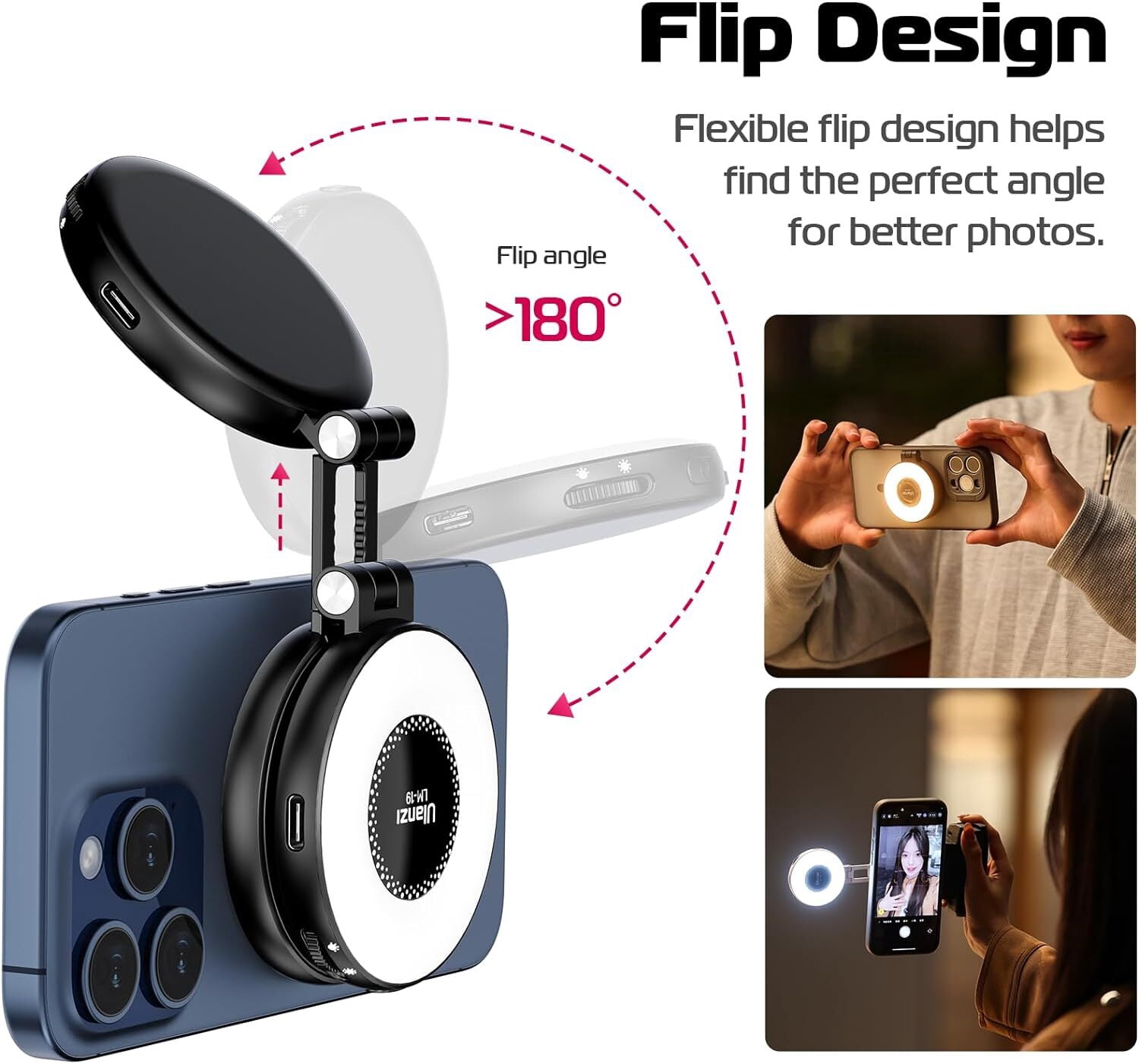 Ulanzi LM19 MagSafe Light Portable Selfie Light for iPhone 16 15 14 13 12 Pro Max Fill Light Phone Stand for Selfie Video Vlog