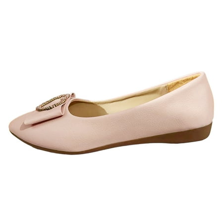 QYZEU Fashion Sneakers for Women 2024 Ladies Sandals Ladies Large Size Single Shoes Simple Pure Colour Bowknot Rhinestone Low Heel Flat Bottom Shoes Business Shoe Beige 38