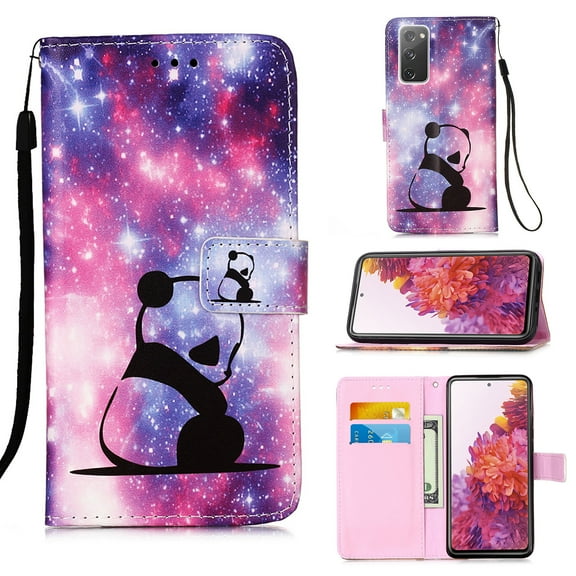 For Samsung Galaxy S21 FE Case, Mantto Patterned With Hand Rope Strap Cute Painted Flip Card Wallet Slots Case,Kickstand Phone Skin For Samsung Galaxy S21 FE 5G, Panda Baby