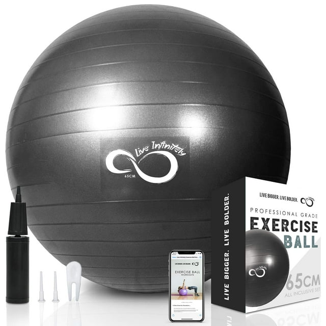 Live Infinitely Exercise Ball (55cm-95cm) Extra Thick Professional Grade Balance & Stability Ball- Anti Burst Tested Supports 2200lbs- Includes Hand Pump & Workout Guide Access