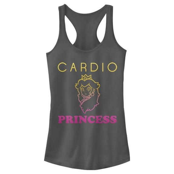 Junior's Nintendo Cardio Princess Peach  Racerback Tank Top Charcoal Small
