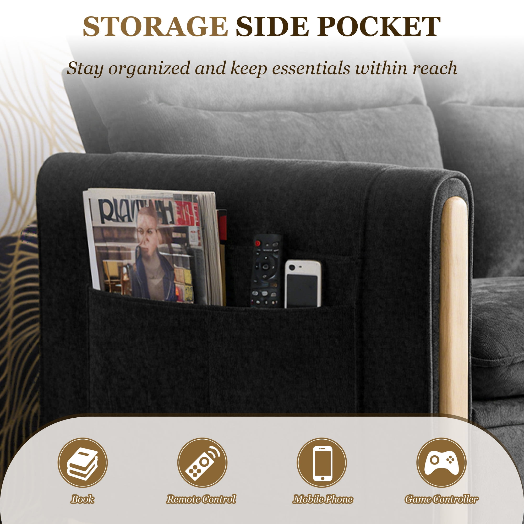 MOONMISS 3-Seater Chenille Sectional Sofa with Side Pocket for Living Room,Black