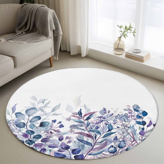 Round Area Rug 4 Ft, Blue Purple Leaves Washable Non-Slip Circle Carpet for Living Room/Bedroom, Summer Botanical Eucalyptus Leaves Low-Profile Crawling Mats Collection Rugs for Indoor