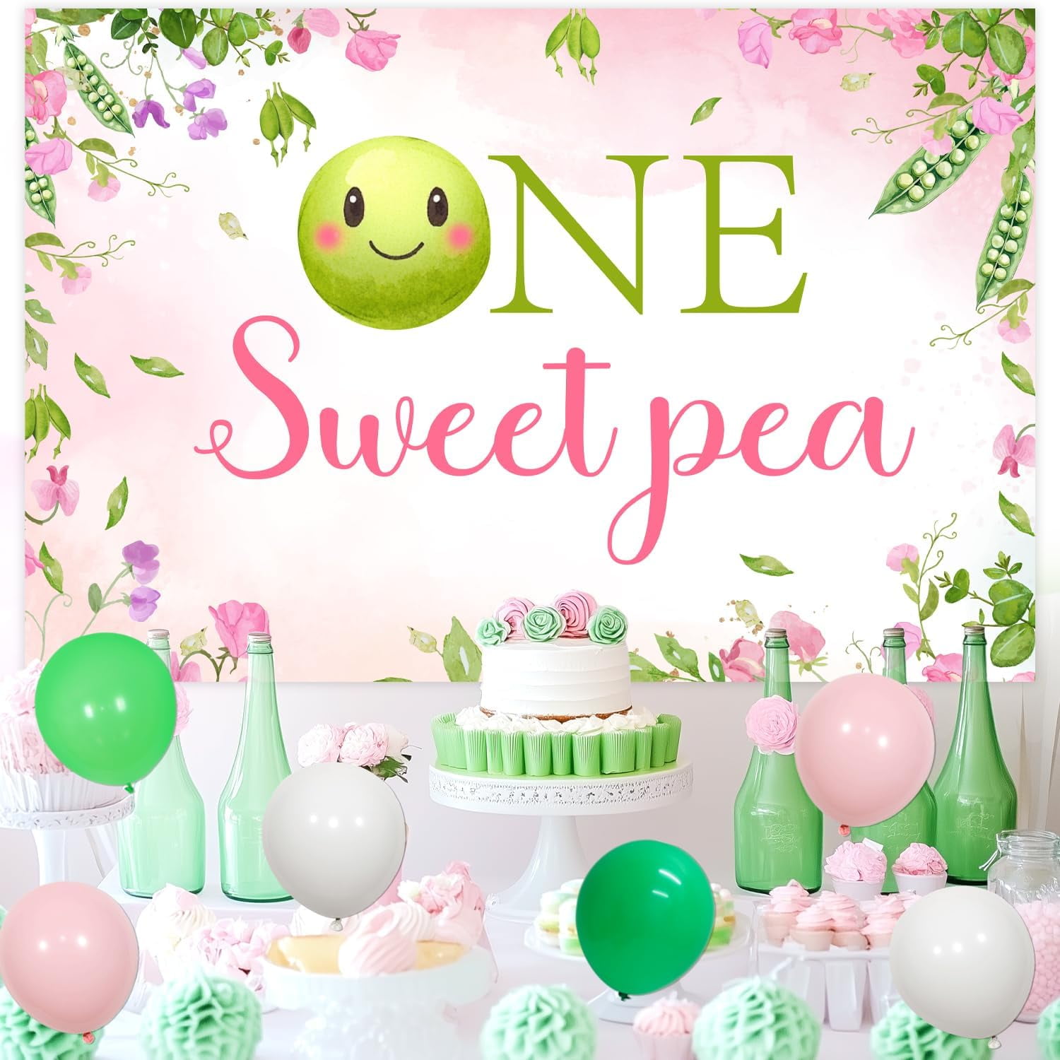 Merrystorm One Sweet Pea Birthday Party Decor for Girls Sweet Pea Themed 1st Birthday Party DIY Garland Backdrop Kits with 1 Number 1 Foil Balloon and 73pcs Latex Balloon Pea First Party Supplies