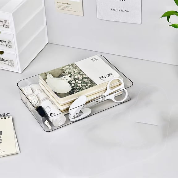 1 PC Large Acrylic Drawer Organizer, 11.9" x 7.9" Clear Desktop Storage Bin for Office Supplies & Cosmetics, Stackable Vanity Tray with Smooth Base
