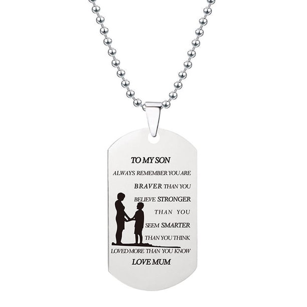 Collar para mujer, joyería para mujer, collar con placa de acero inoxidable, regalo unisex para familia y amigos, recuerda que eres más valiente que tú, padre, madre, hijo e hija. Colgante de cadena.