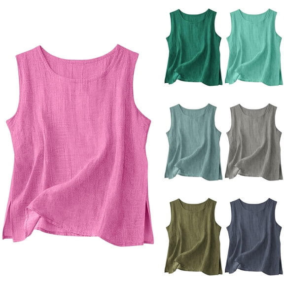 Pxxlle Womens Cotton Linen Tank Tops Plus Size Round Neck Gauze Shirts Loose Fit Sleeveless Summer Spring Shirts Mint Green S