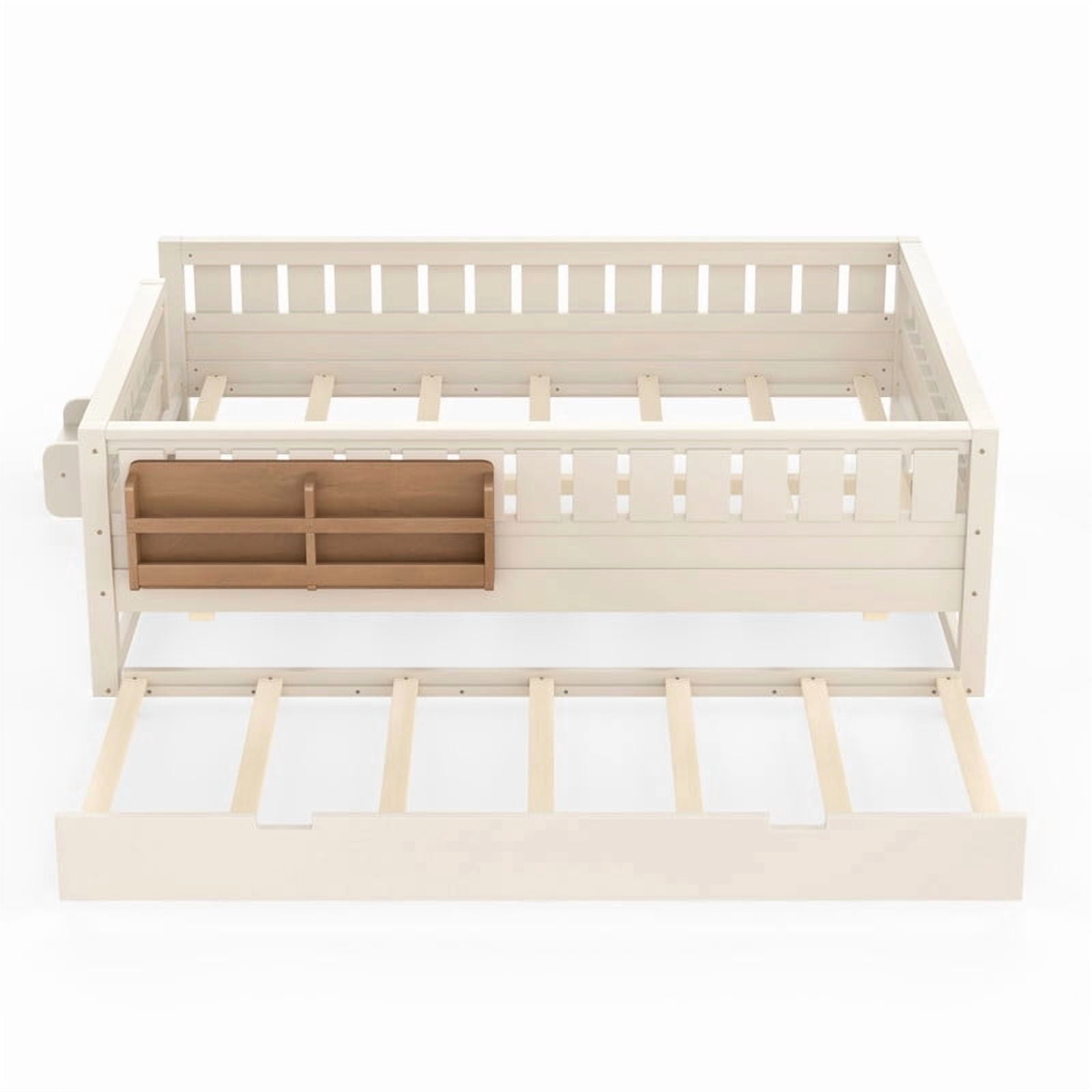Queen Size Low-Profile Kid's Platform Bed with Built-in Bookshelves & Small Staircase, Wooden Bed Frame with Safety Rails & Trundle