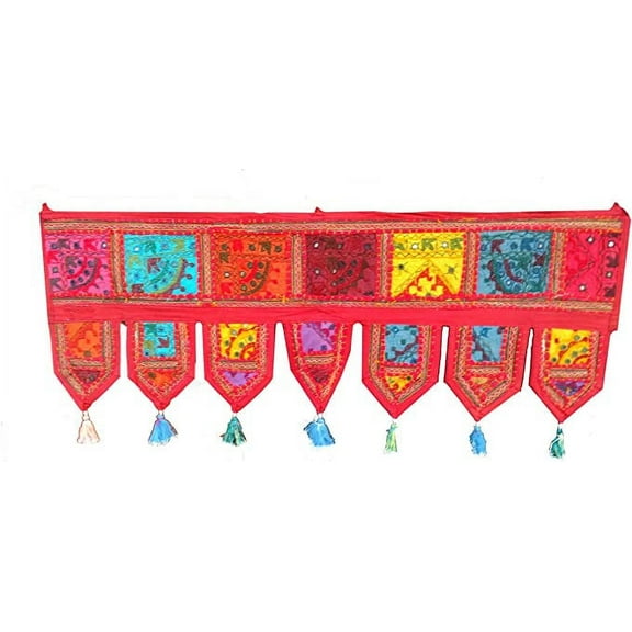 Rastogi Handicrafts Mirror Toran Ethnic Window Valance Home Decor Vintage Embroidered Patchwork Door Hanging (RED)
