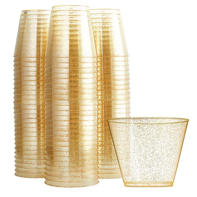 Inteprter Paquete de 100 vasos de plástico de un solo de 270 ml con purpurina para beber al aire libre, cocina, fiesta de cumpleaños, vajilla para Mostrada Inteprter HA061596-00B