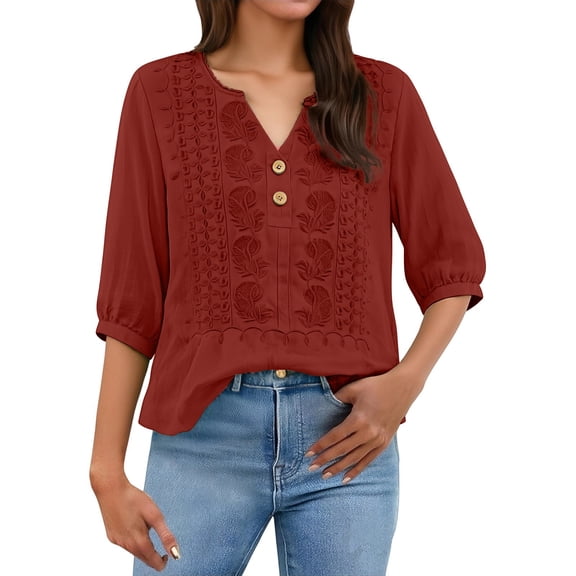 CYYOLLPF embroidered tops for women two piece sets for women Matching Lounge Capri Pants 2 Piece Gauze Cotton 3/4 Sleeve Top linen pants set Peasant Outfits boho shirts for women vintage Red L