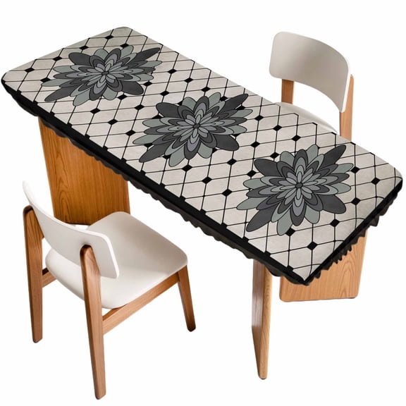 Retro Flowers Table Cloths for 8 Foot Rectangle Tables, Boho Ethnic Retro Abstract Florals Grid Patio Waterproof Elastic Fitted Tablecloths, Washable Rectangular Table Cover for Camping