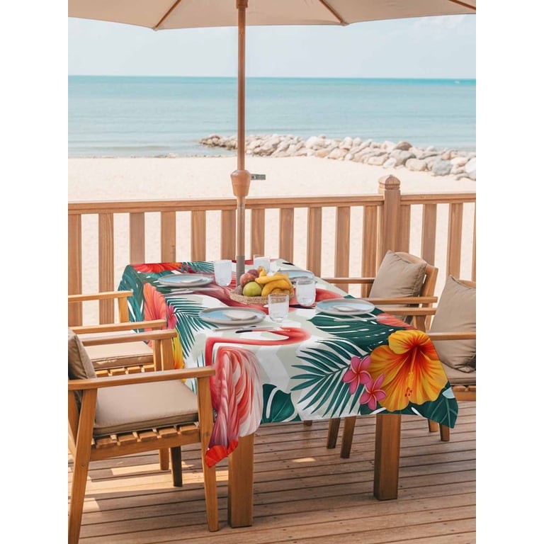 120 in patio table covers with umbrella hole Outdoor Tablecloth with Umbrella Hole for Patio/Picnic/Party/Camping,  Summer Flamingos Waterproof Table Cloth Rectangle Table Cover Washable,  Tropical