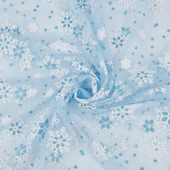 2 Yard White Stamped Snowflake Organza Fabric Light Blue Tulle Lace Fabric