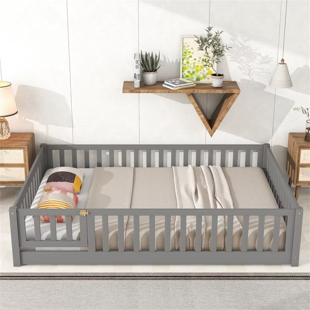 Full Size Floor Bed Frame for Kids Toddlers, Wooden Montessori Bed with 7 Wood Slats, Fence-Shaped Guardrails and Door for Boys Girls Bedroom Playroom, No Box Spring Needed, Gray