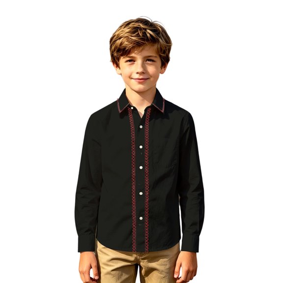 Kiijoy Long Sleeve Shirt for Boy Kids Casual Breathable Button Down Shirt Top, Black, 9-10 Years