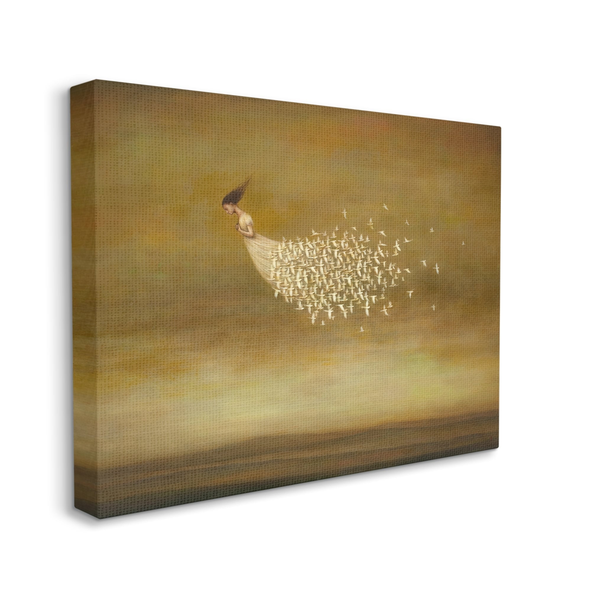 Elegant Woman Flying Doves Birds Dress Ochre Sky Animals & Insects Painting Gallery-Wrapped Canvas Print Wall Art