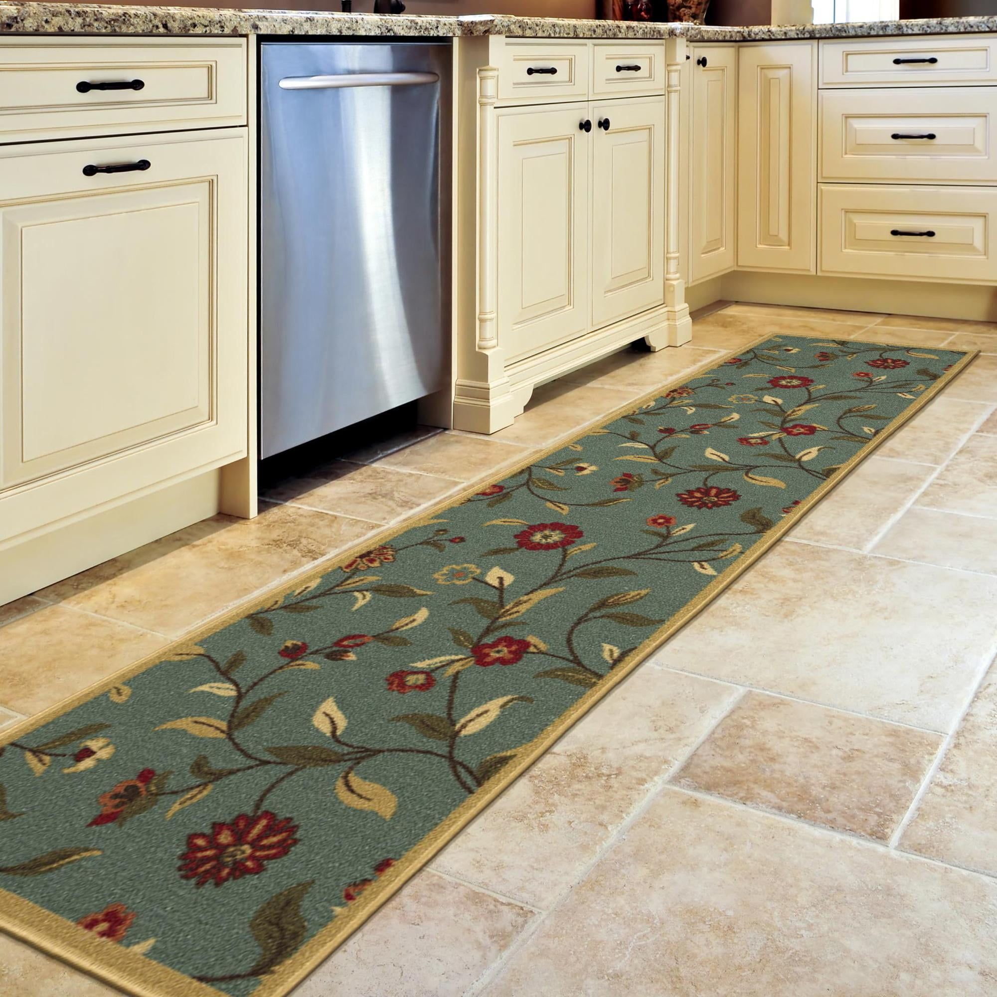 Ottomanson Floral Kitchen Runner Rug 1'10" x 6' - Non Slip Low Pile Carpet, Seafoam Green