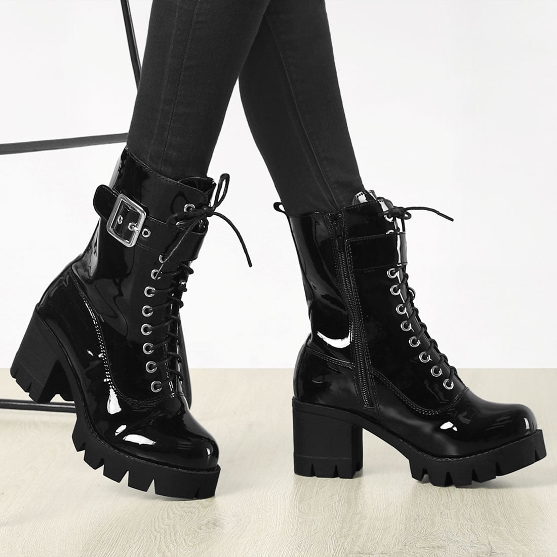 Unique Bargains Women s Zipper Platform Chunky Heel Combat Boots Walmart