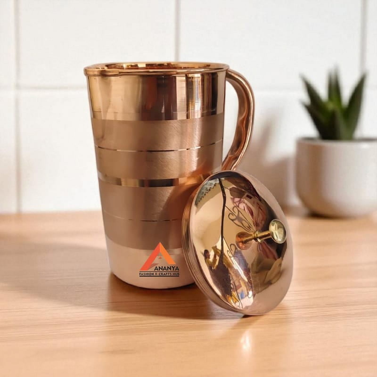 Ananya Fashion and Crafts Hub Pure Copper Water Jug with Brass Knob Top 1.5 Litre (1500 ml) + 6 Tumbler (300 ml) Silver Touch Ayurveda Health Benefits Pitcher Set of 7
