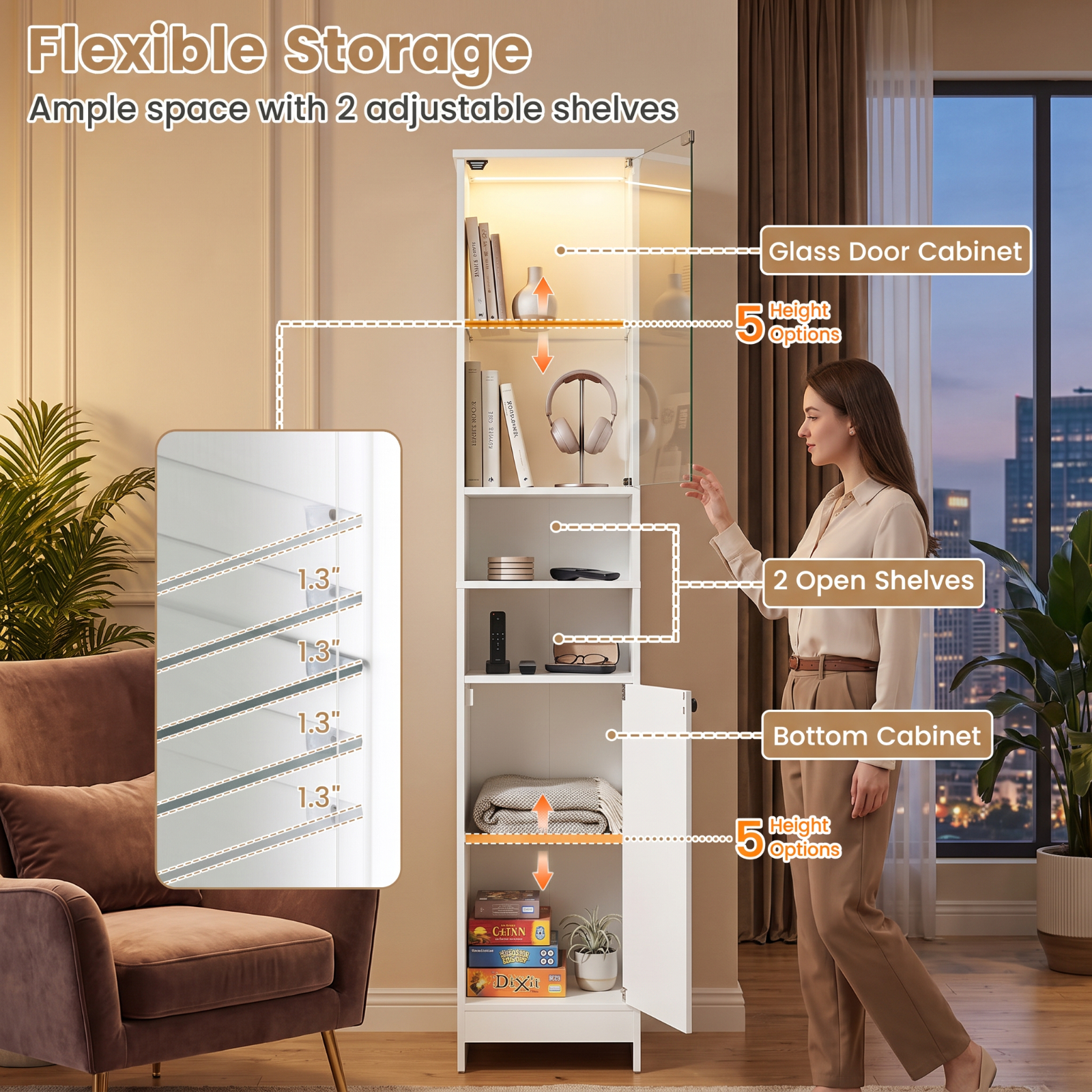 Vebreda Tall Bathroom Storage Cabinet with LED Lights, Freestanding Narrow Floor Cabinet with Remote Control, Adjustable Shelves and Push-to-Open Tempered Glass Door, White
