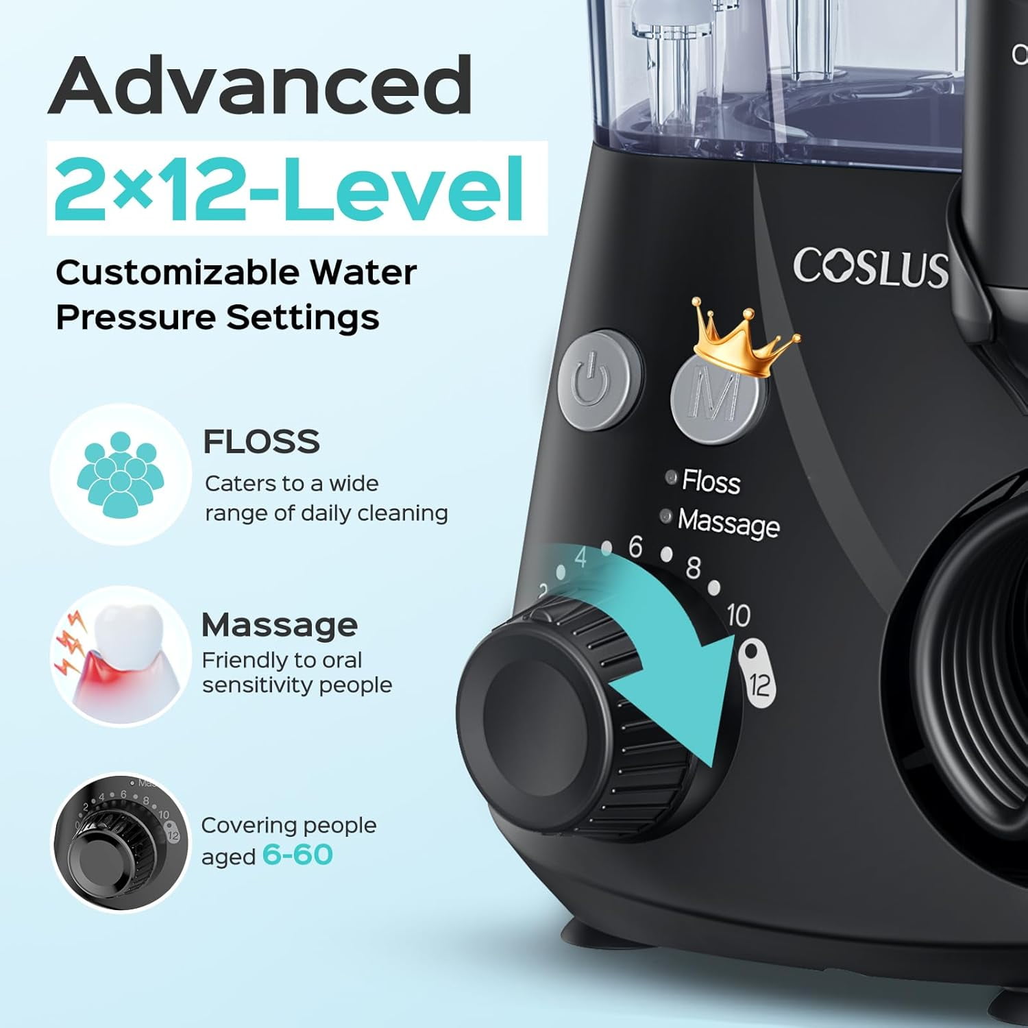 COSLUS Water Flosser for Teeth,Water Dental Flosser Pick for Teeth,Upgrade 2 Modes & 12 Pressure Settings,600ML,5 Jet Tips for Multiple Users,Black