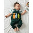 thumbnail image 4 of Gzhioc Infant Baby Boys Easter Summer Outfit 0 3 6 12 18 Months Short Sleeve Striped Romper with Bunny/Carrot Print Overall Pants Outfit, 4 of 9