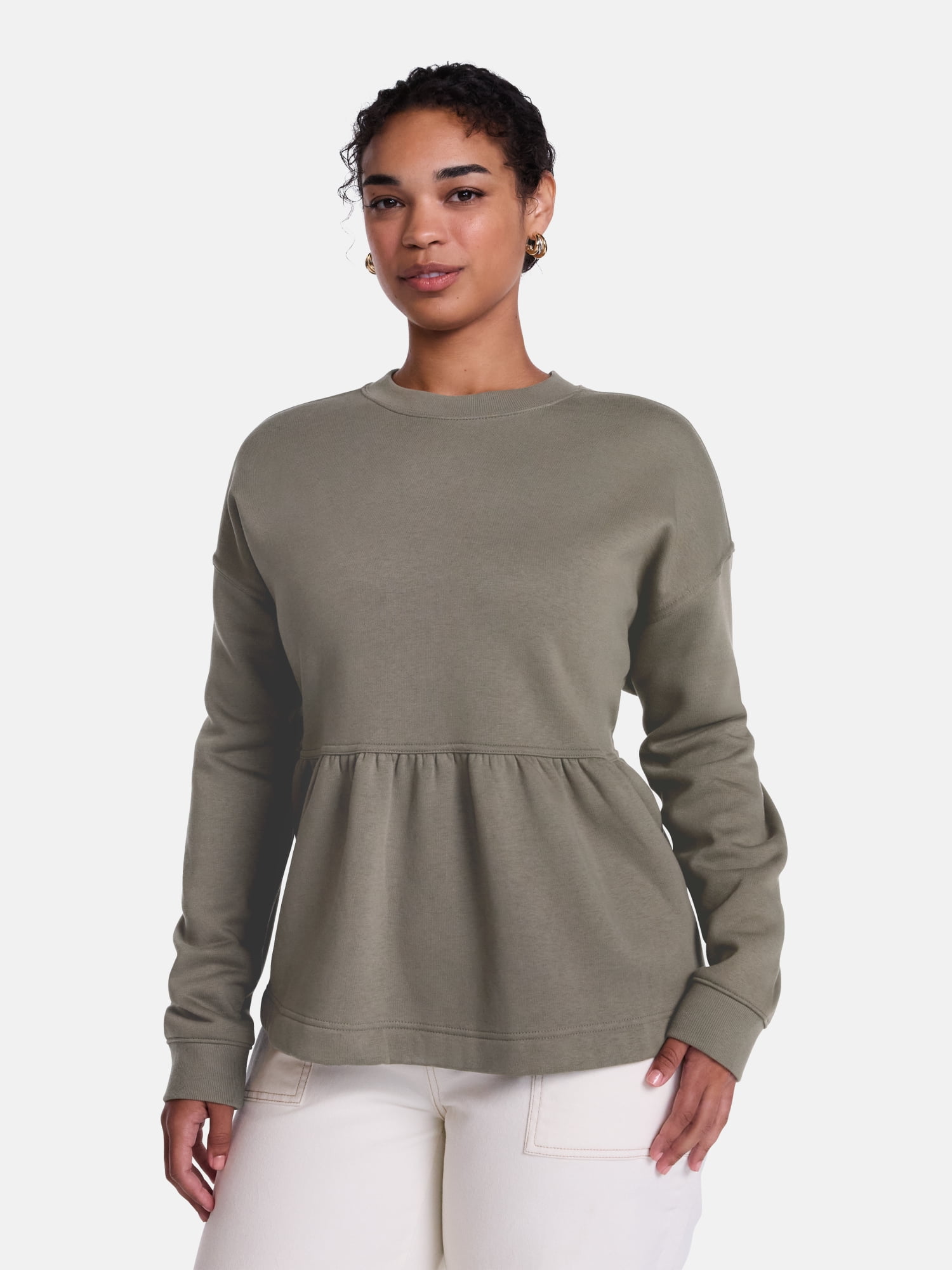 Scenario Women's Peplum Fleece Pullover with Long Sleeves, Size XS-XXXL