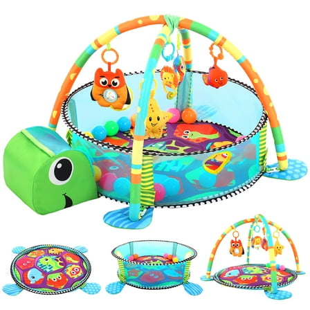 Baby Play Mat, Caveen 3 in 1 Baby Play Gym Activity Mat, with Hanging Toys and Ocean Balls, for Infants Toddlers, Blue Turtle