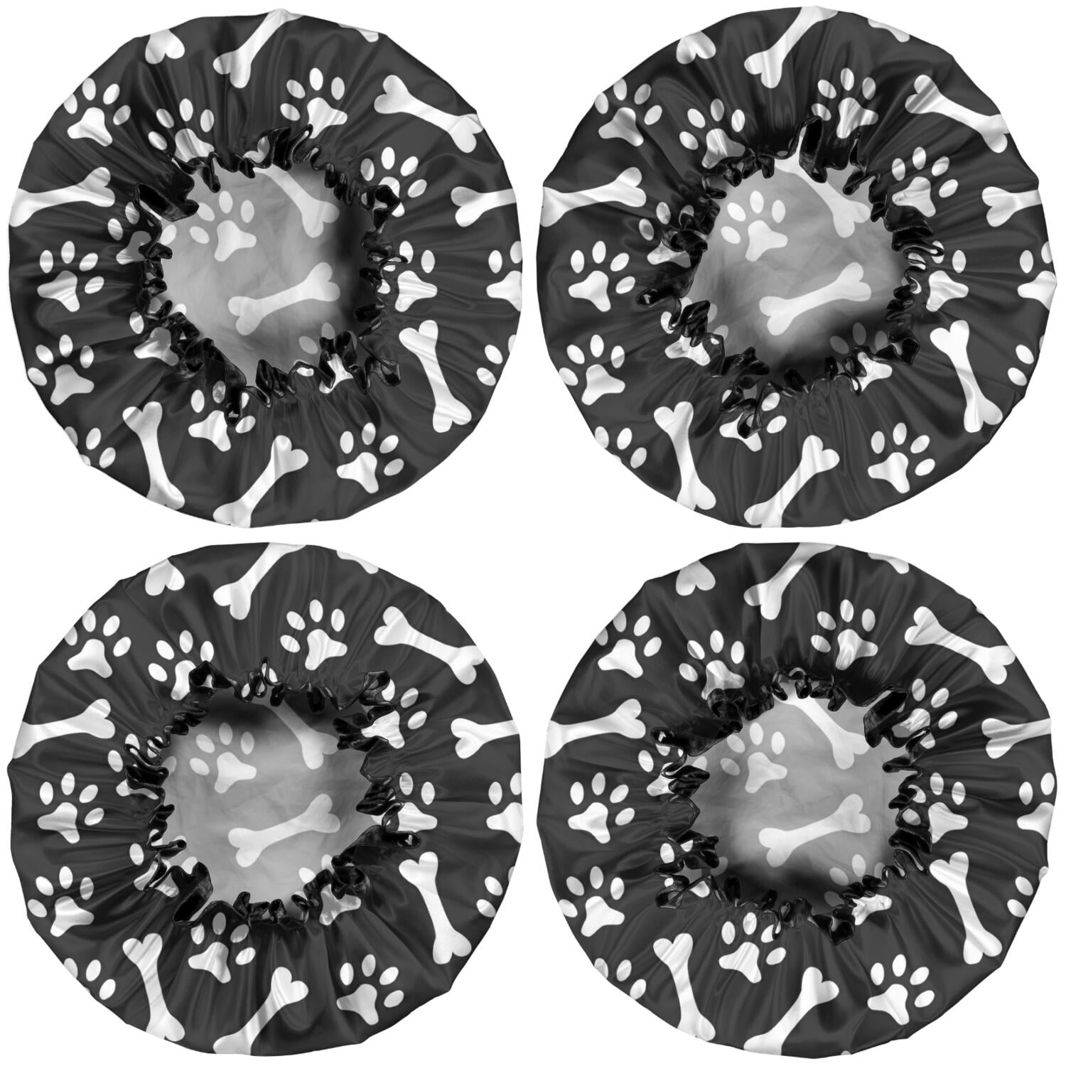 Shower Caps,Paw Prints and Bones Waterproof Shower Cap for Women 4 Pieces,Double Reusable Hair Cover for Shower PEVA Elastic Stretch Hem