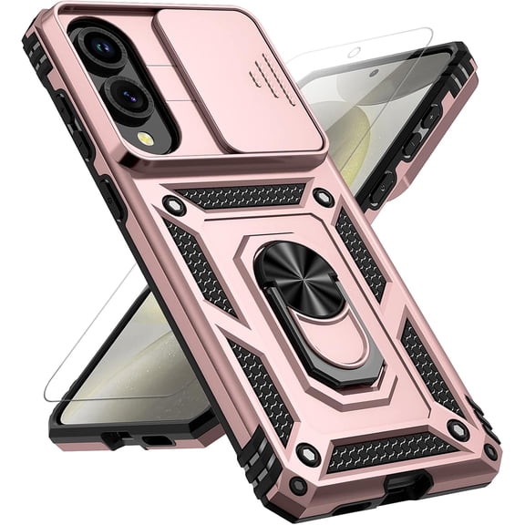 for Samsung Galaxy S25 Edge Case, with Slide Camera Cover HD Screen Protector [Military Grade Drop Tested] Magnetic Ring Holder Kickstand Protective Phone Case for Samsung Galaxy S25 Edge, Rose Gold