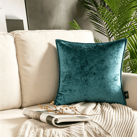 Phantoscope Patterned Velvet Decorative Throw Pillow with Tailored Edge, 18 x 18 in, Lake Blue, 1 Pack