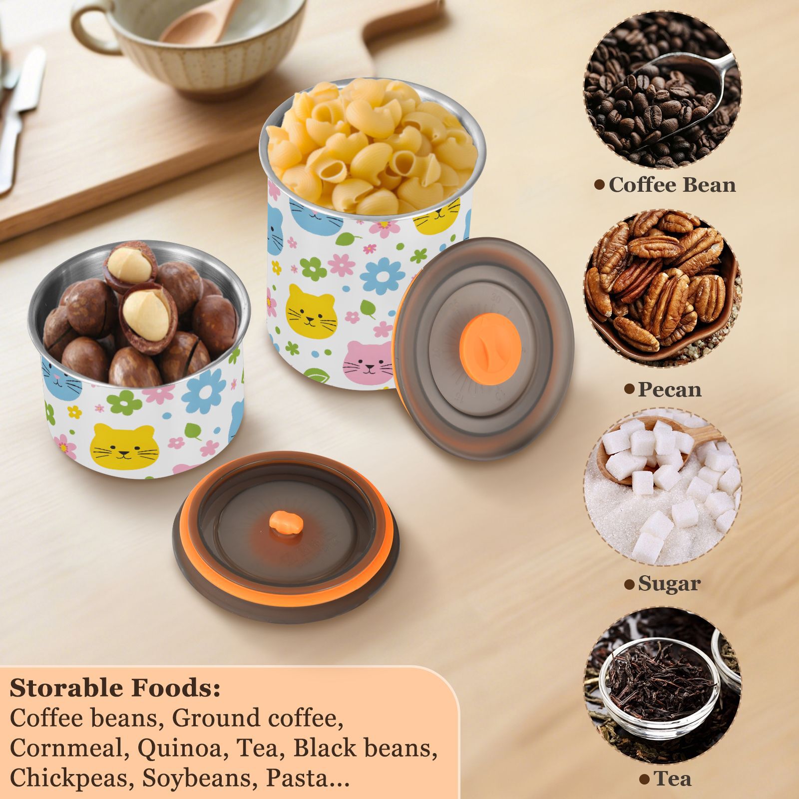 Cat & Daisy Kitten Airtight Coffee Bean Canister 30oz Food Storage Containers with Lids For Gournd, Tea, Sugar, Flour, Rice, Cereal, Candy Cookie Jar