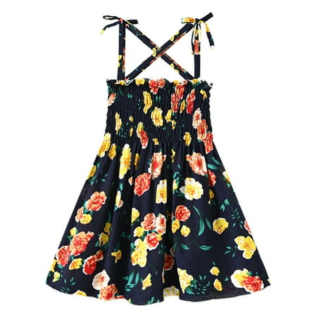 

THE WILD Toddler Dress Casual Ruffled Hemline Suspenders Printed Square Neck Sleeveless Midi Prom Dress Black