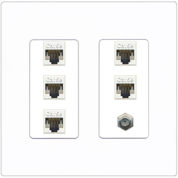 RiteAV 5 Port Cat5e Ethernet and 1 x Coax Wall Plate - 2 Gang [Screwless White]