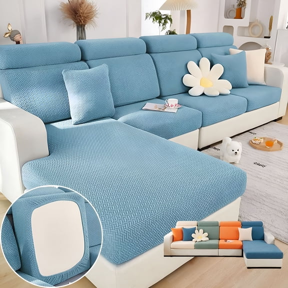 Arlajo Wear-Resistant Universal Sofa Cover,Stretch Couch Cushion Slipcovers Replacement,Anti-Slip L Shape Sofa Covers,Chaise Lounge Sofa Slipcover（Large Single Seat Cover/Light Blue）