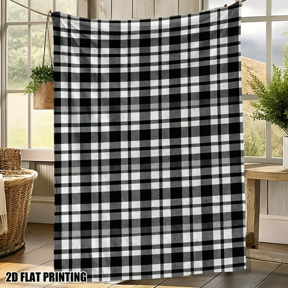 Cozy Black and White Plaid Throw Blanket - Plush Flannel All-Season Soft Warmth, Contemporary Checkered Pattern, Digital Print, Perfect for Bed, Sofa, Couch, Office, Travel - Great Gift