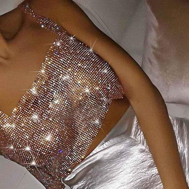 Rhinestone Body Chain Sequin Crop Top Glitter Crystal Bra Chain Gold Chest  Chains Festival Rave Party Outfits Body Chain