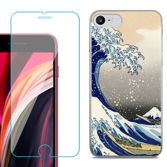 Slim-Fit Fashion Gel Phone Case for iPhone SE 2022, with Tempered Glass Screen Protector, by OneToughShield ® - Great Wave