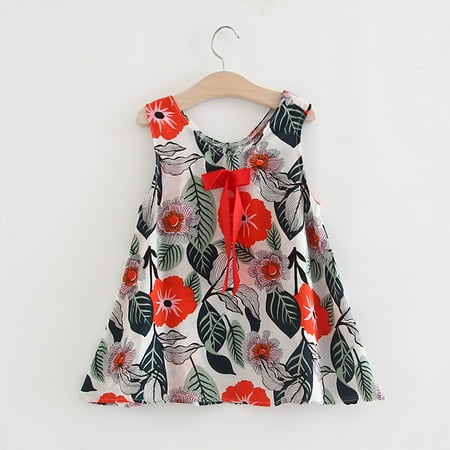 

uublik Dresses for Kids Sleeveless Bow Cute Floral Leaf Print Casual Clothes