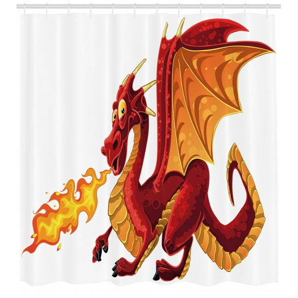 Dragon Shower Curtain, Funny Fire Spitting Winged Cartoon Mascot