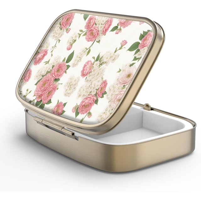 Pill Case Pill Box with Mirror Retro 2 Compartment Small Pill Case for Purse or Pocket Bronze Rectangular Pill Box or Vitamins, Fish Oil, Supplements, Pill Containe Travel Gifts(Retro Pink Floral)