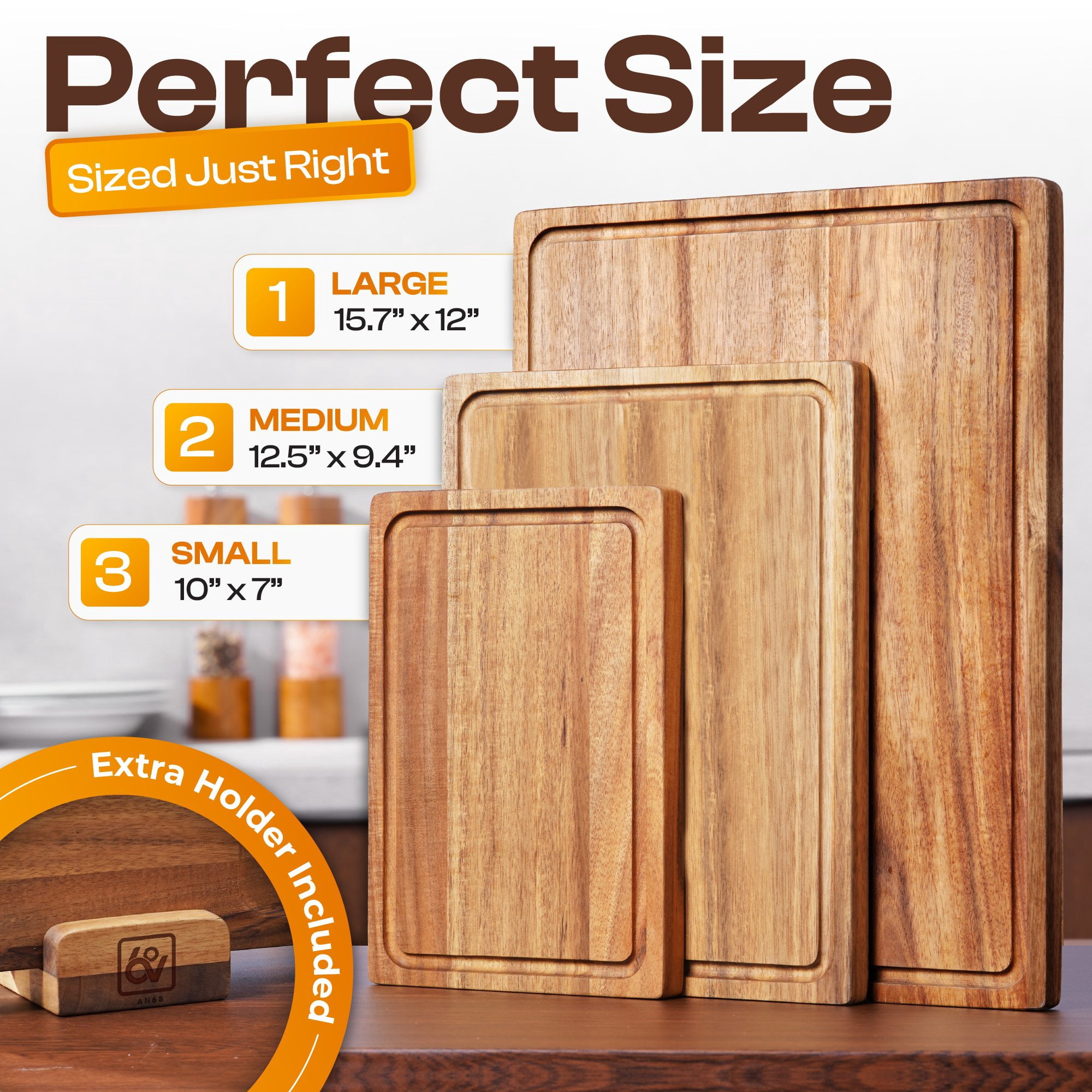 AN68 Acacia Wood Cutting Board Set of 3 – Reversible 2-in-1 Butcher Blocks & Serving Trays, 100% Natural Hardwood with Juice Groove, Gift Box Ready