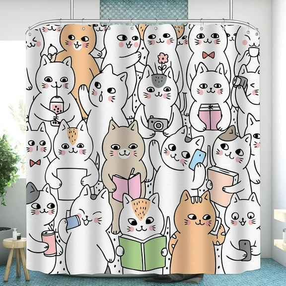 4 Pcs Colorful Cat Flower Shower Curtain Set Cat Bathroom Sets with Waterproof Fabric Shower Curtain and Non-Slip Rugs Toilet Lid Cover Bath Mat Decor with Hooks(72x72 Inch)