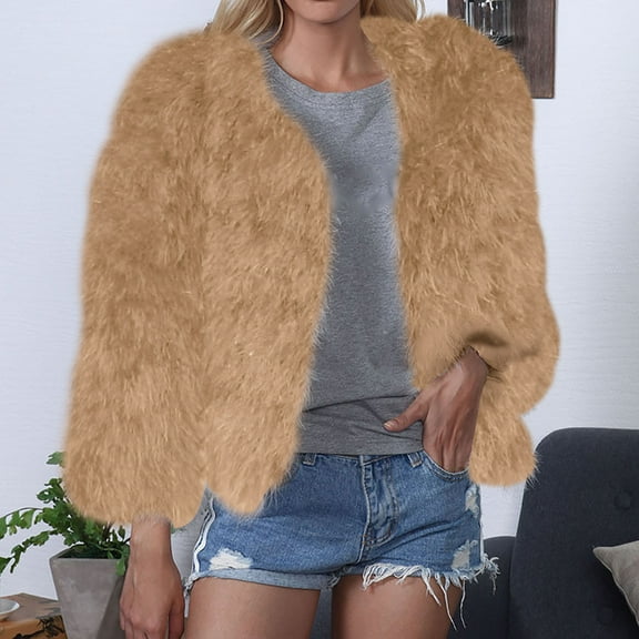 SDJMa Women Warm Faux Furry Coat Jacket Winter Solid Color Long Sleeve Short Outerwear
