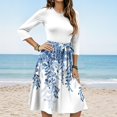thumbnail image 2 of WTOBBY Women's Chic Floral Print Waistband Round Neck 3/4 Sleeve Dress, Flowy Midi Sundress with Comfort Fit for Daily Activities,Sky Blue 2XL, 2 of 5
