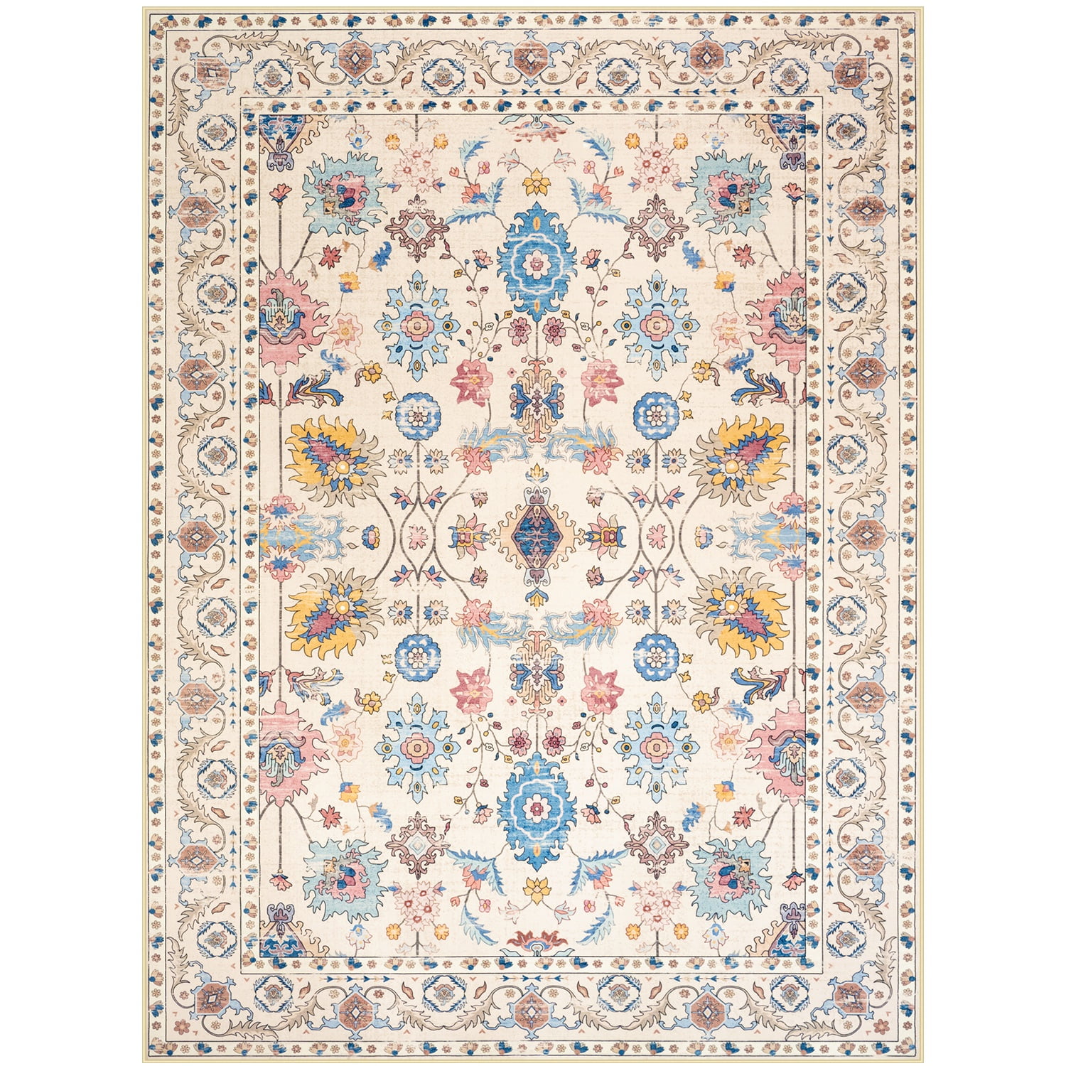 Wondo 4x6 Vintage Bohe Washable Beige Area Rug for Living Room, Bedroom, Dining Room, Office, Nursery Anti-slip Easy Care Carpet, Ultra-thin Stain Resistant Indoor Low Pile Carpet