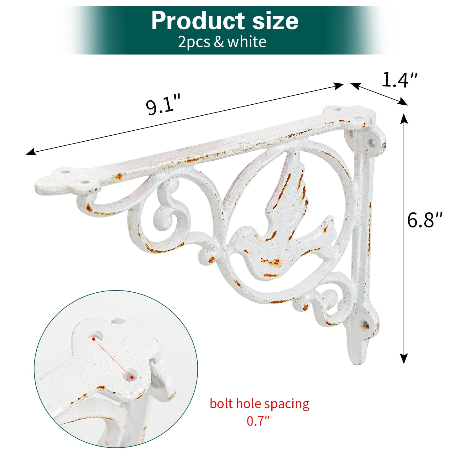 Sungmor 9.2 Inch Cast Iron Rustic White Brackets for Shelves, 2PC Vintage Decorative Angle Support Doorway Bracket, Shelves Corbels, Wall Mounted Floating Shelf Bracket